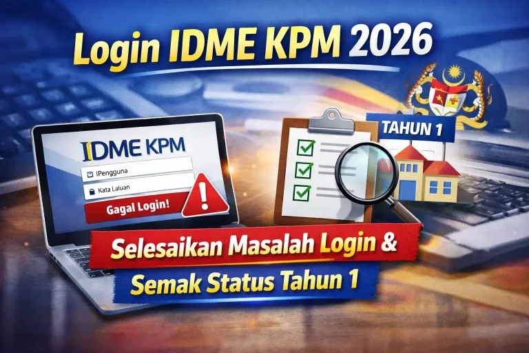 Imej utama Login IDME KPM 2026 yang menunjukkan ralat login portal MOEIS, senarai semak, dan konsep semakan status Tahun 1