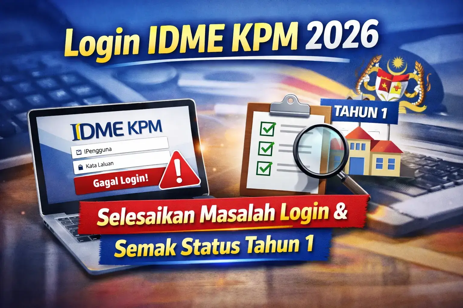 Imej utama Login IDME KPM 2026 yang menunjukkan ralat login portal MOEIS, senarai semak, dan konsep semakan status Tahun 1