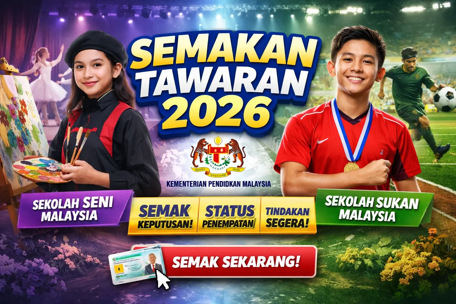 Semakan Tawaran 2026 featured image showing Sekolah Seni Malaysia dan Sekolah Sukan Malaysia, semak keputusan dan status penempatan pelajar
