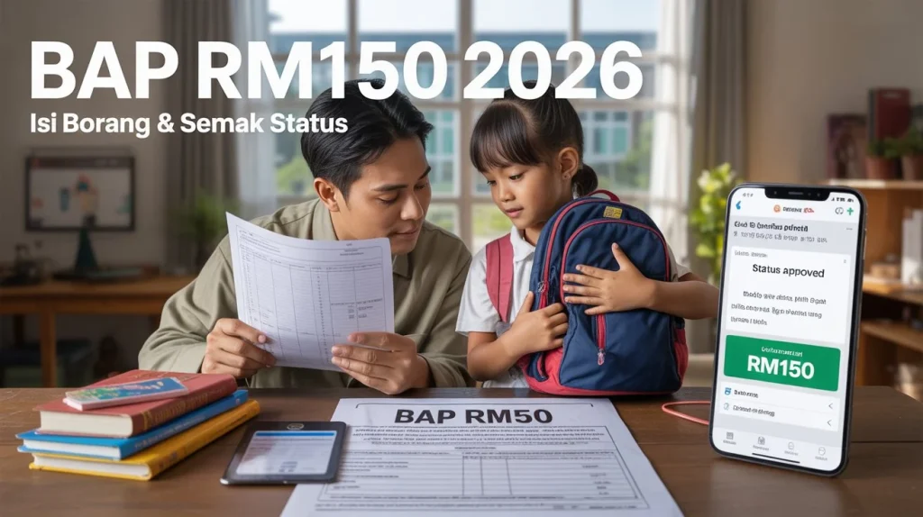 Penyediaan borang BAP RM150 2026 yang menunjukkan ibu bapa dan pelajar mengisi borang permohonan, dokumen diperlukan, dan menyemak status secara dalam talian
