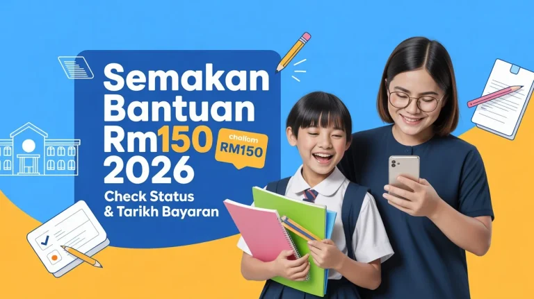 Semakan status bantuan awal persekolahan RM150 2026 yang menunjukkan pelajar, ibu bapa menyemak portal, dan status bantuan sekolah RM150 secara dalam talian