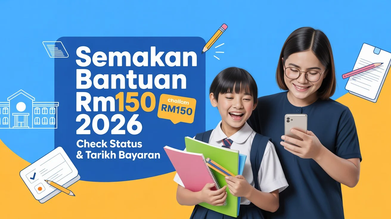 Semakan status bantuan awal persekolahan RM150 2026 yang menunjukkan pelajar, ibu bapa menyemak portal, dan status bantuan sekolah RM150 secara dalam talian