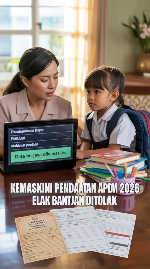 Kemaskini Pendapatan APDM 2026 showing parent updating income details on laptop with student and school documents for KWAMP eligibility verification