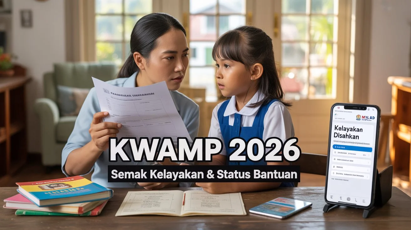 Kelayakan KWAMP 2026 yang menunjukkan ibu bapa dan pelajar menyemak status kelayakan serta dokumen bantuan sekolah secara dalam talian