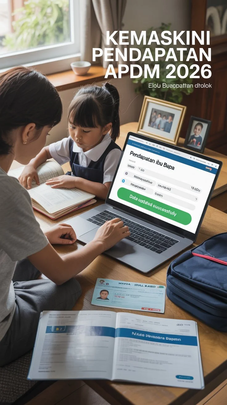Kemaskini Pendapatan APDM showing parent updating income details online with student and school documents for eligibility