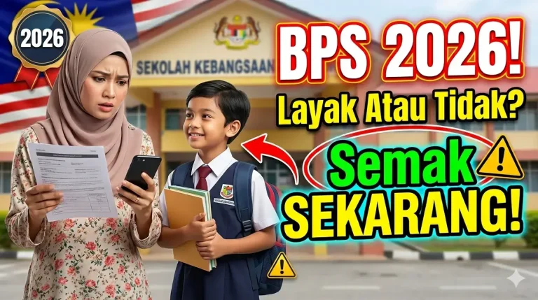 Thumbnail Bantuan BPS 2026 menunjukkan pelajar sekolah Malaysia bersama ibu bapa di hadapan sekolah, berkaitan semakan kelayakan Bantuan BPS, permohonan bantuan pakaian seragam dan status terkini.