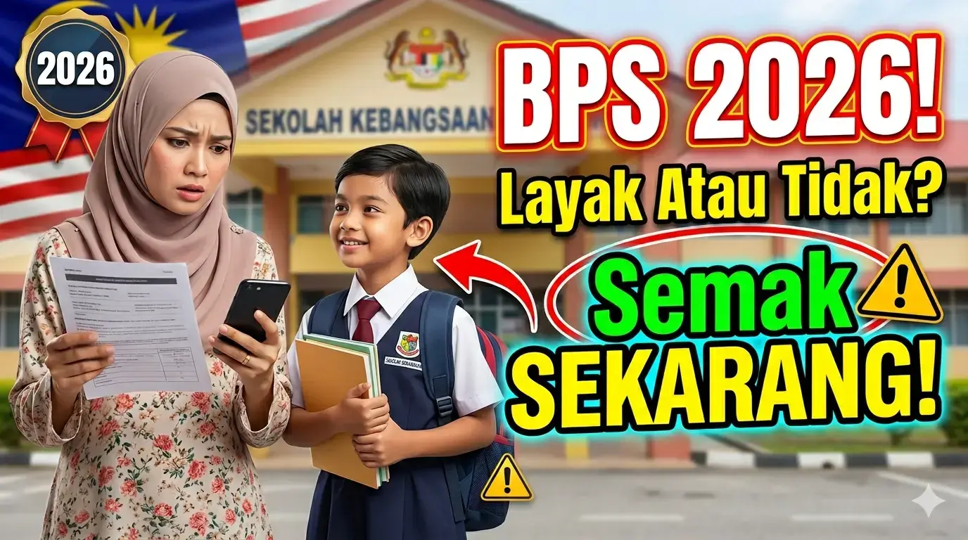 Thumbnail Bantuan BPS 2026 menunjukkan pelajar sekolah Malaysia bersama ibu bapa di hadapan sekolah, berkaitan semakan kelayakan Bantuan BPS, permohonan bantuan pakaian seragam dan status terkini.