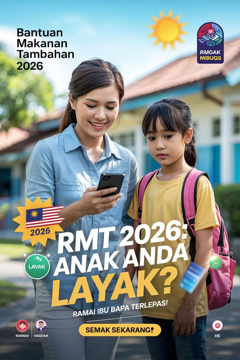 Imej ilustrasi bantuan RMT 2026 menunjukkan Sekolah Kebangsaan dengan ibu bapa dan murid, menggambarkan semakan kelayakan, status bantuan makanan tambahan serta proses permohonan bagi keluarga di Malaysia.