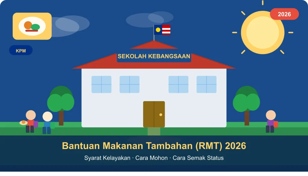 Ilustrasi Sekolah Kebangsaan dengan pelajar di sekitar kawasan sekolah, bertemakan Bantuan Makanan Tambahan (RMT) 2026, termasuk maklumat syarat kelayakan, cara memohon dan semakan status.