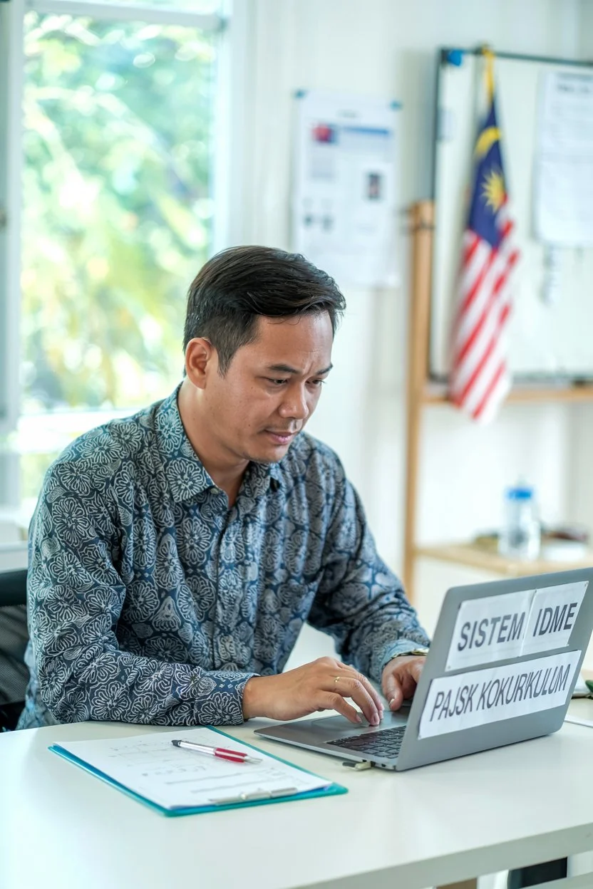 Guru lelaki Malaysia berbaju batik sedang kemaskini markah PAJSK kokurikulum dalam Sistem IDME menggunakan laptop di bilik guru sekolah