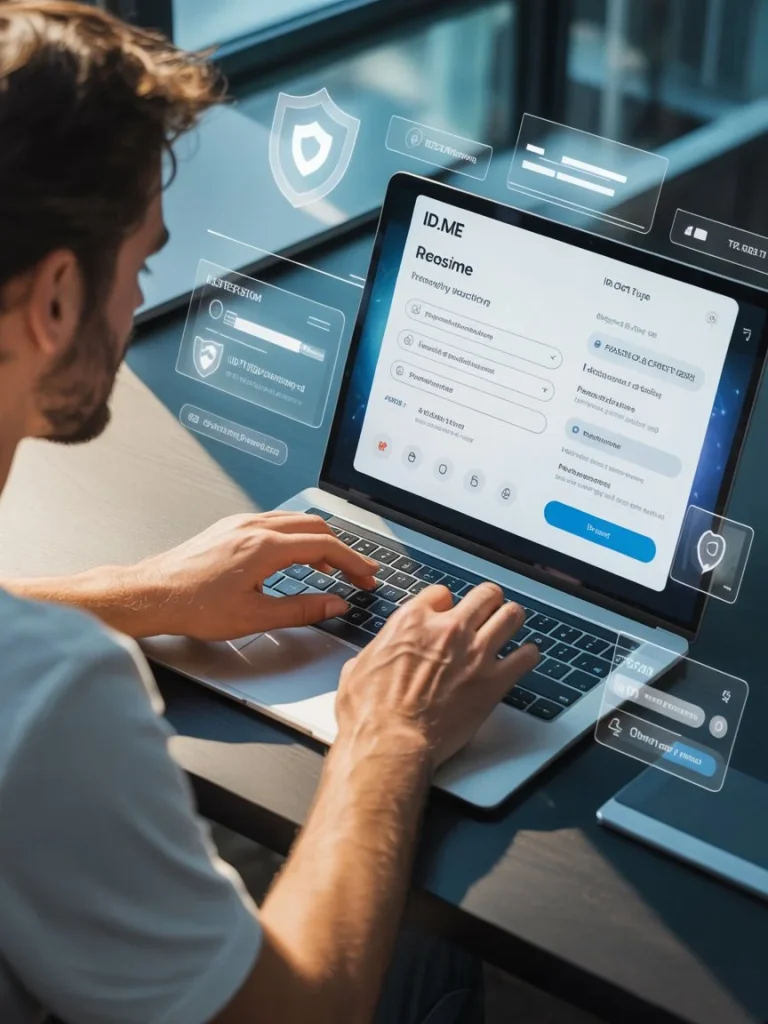 Pengguna sedang membuat akaun ID me di komputer riba dengan proses pengesahan identiti dan pendaftaran dalam talian yang selamat dipaparkan pada skrin.